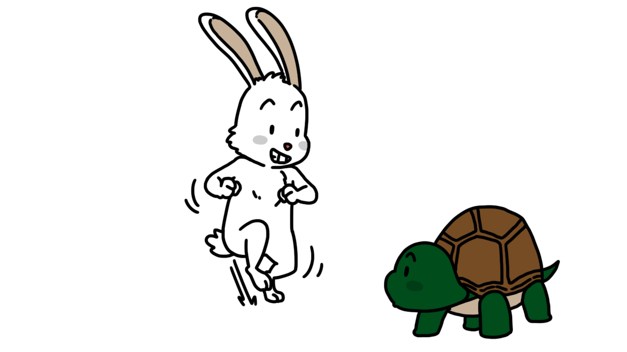 เต่าหยุดเดินที่หน้ากระต่าย ในขณะที่กระต่ายก็พูดชวนให้มาวิ่งแข่งกัน