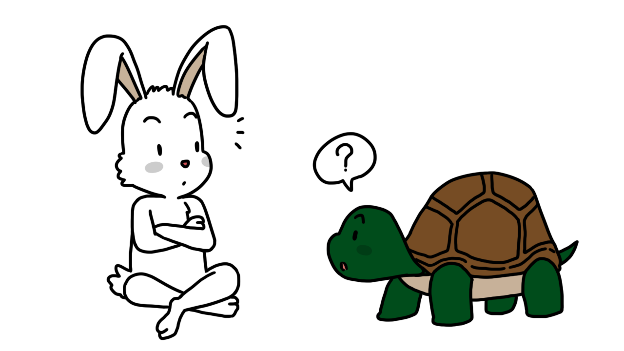 เต่ายังเกิดความสงสัยเกี่ยวกับการตัดสินอยู่ จึงถามกระต่ายด้วยสีหน้าที่ยังสงสัยอยู่